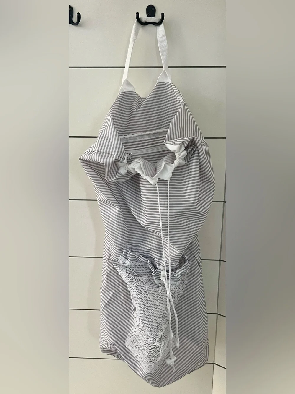 Large Gray & White Striped Laundry Backpack Bag